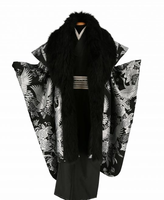 紋付袴レンタル・成人式・結婚式・卒業式【陣羽織】黒　銀の鶴と牡丹